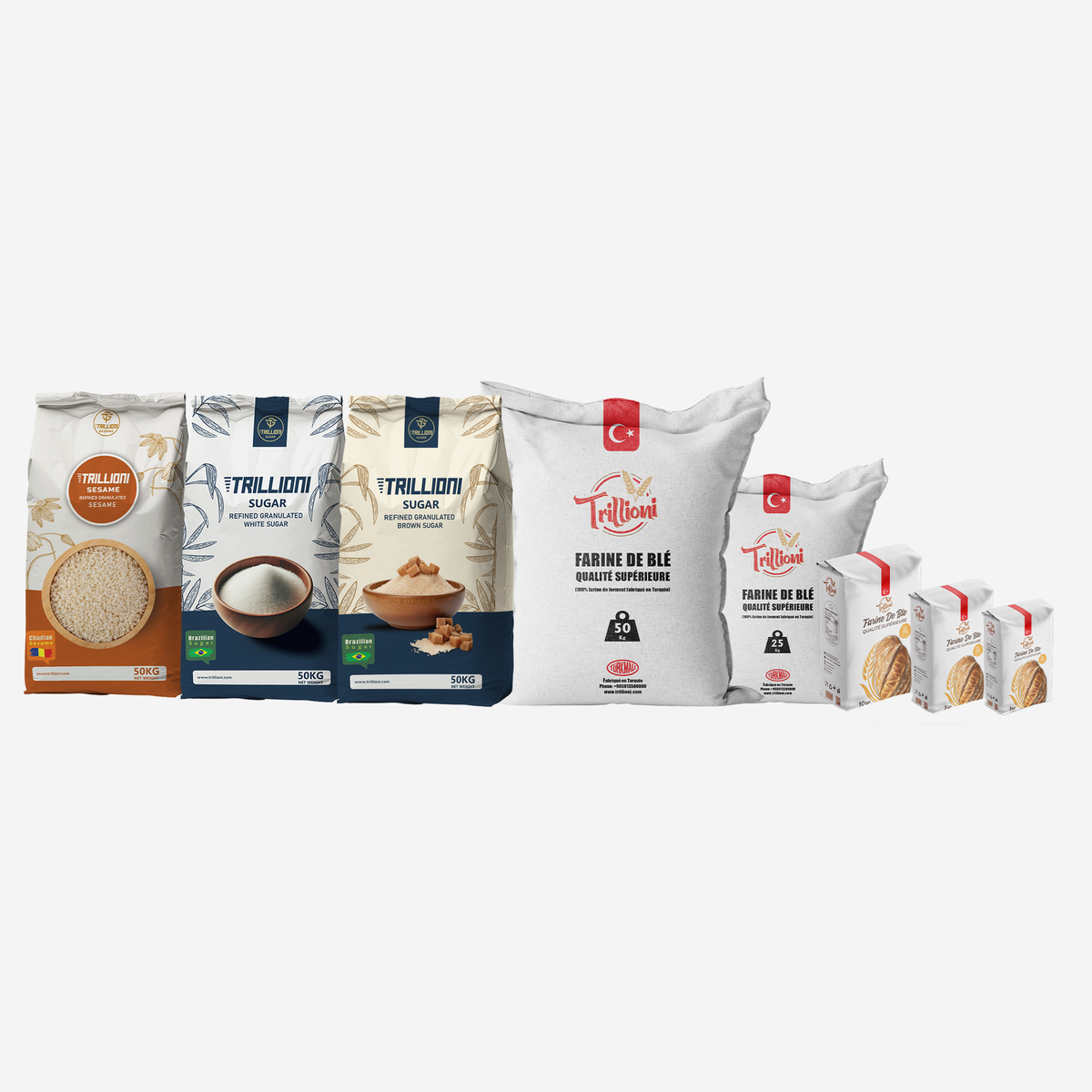 The Trillioni own-label range: 50 kg sacks of sesame and refined sugar, and Turkish wheat flour in 50 kg, 25 kg, and retail bags.