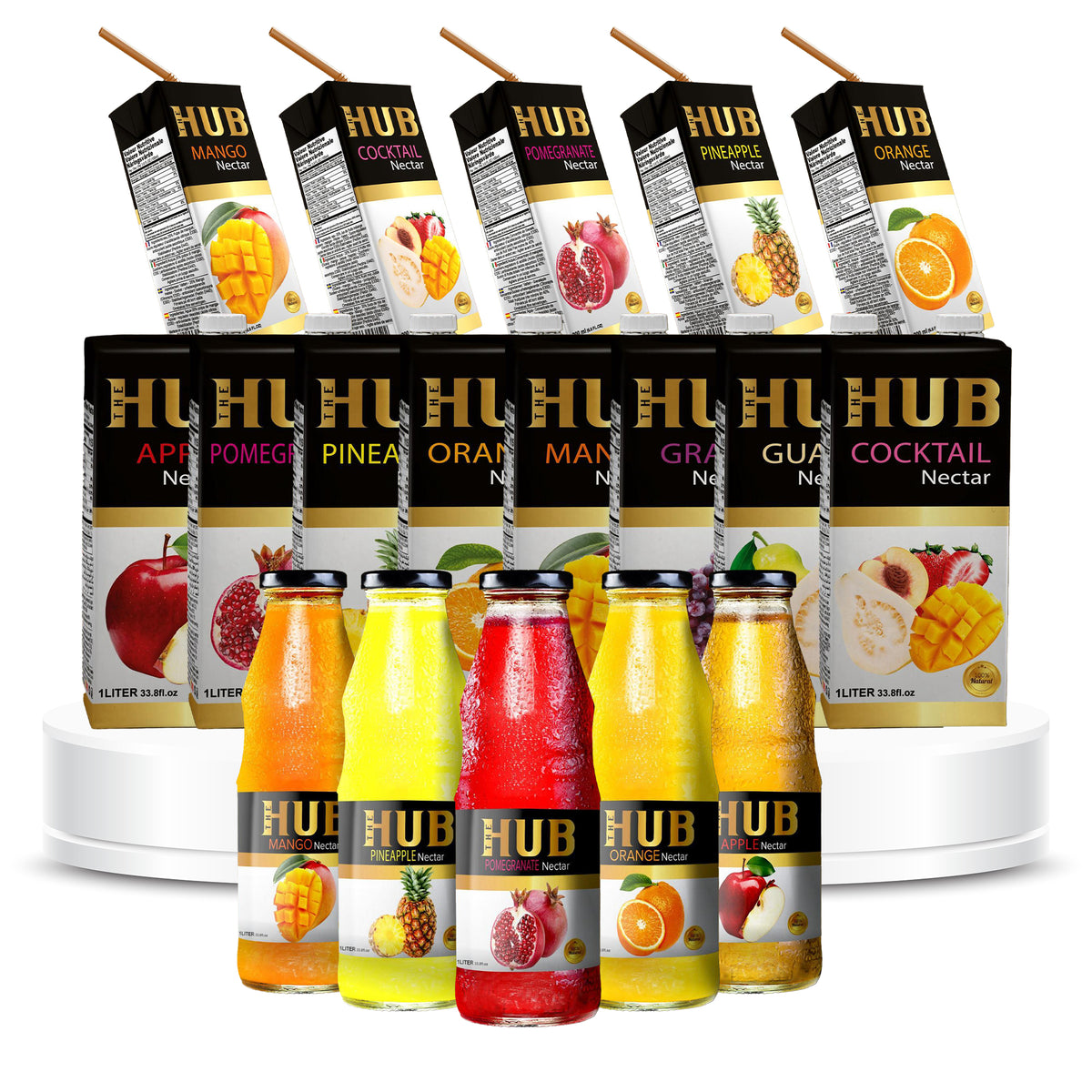 The Hub nectar range in cartons and glass bottles across mango, cocktail, pomegranate, pineapple, orange, apple, grape, and guava.