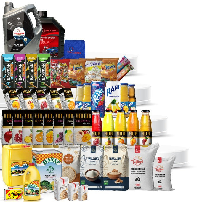 The Trillioni range laid out together: engine oil jugs, Barbican malt drinks, biscuit and confectionery packs, Hub nectar cartons and bottles, Rani fruit drinks, Hayat palm olein, and sacks of Trillioni sugar and wheat flour.